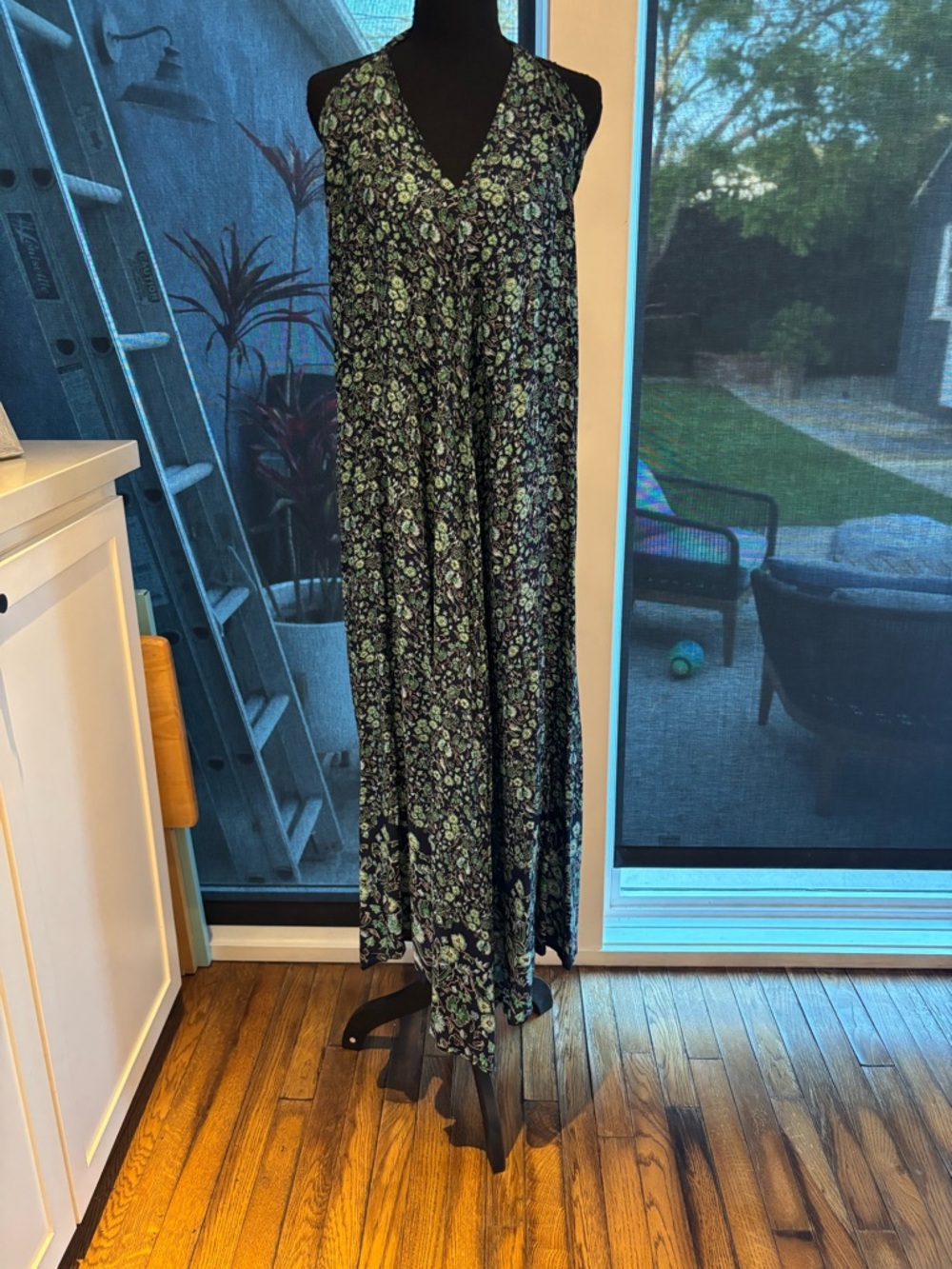 Natalie Martin Black Maxi Dress with Green and Teal Floral Print